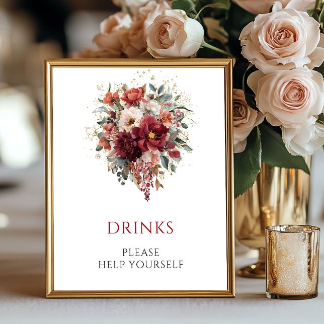 Burgunder Boho Höst Blommor Drycker Bordskylt Poster (Burgundy Boho Fall Flowers Drinks Tabletop Sign

)