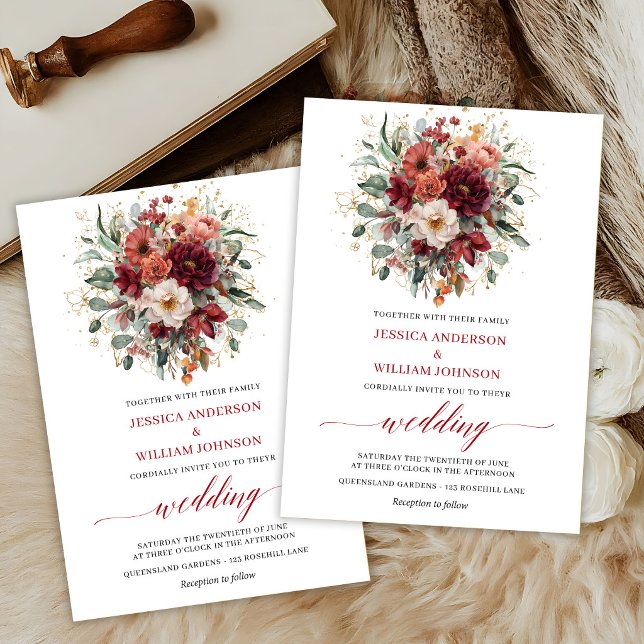 Burgunder Boho Höstblommor Grönska Bröllopskort Inbjudningar (Burgundy Boho Autumn Flowers Greenery Wedding Invite

)