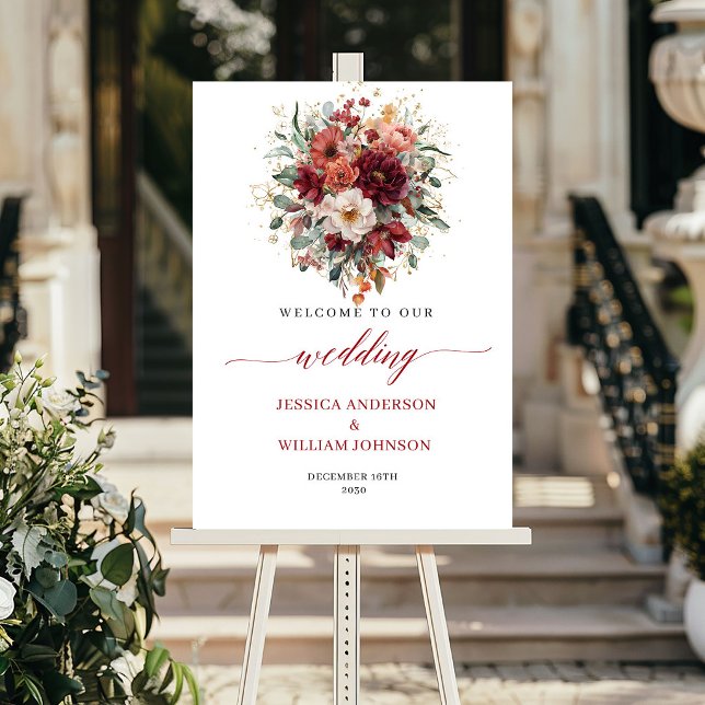 Burgunder Boho Höstblommor Grönska Bröllopsskylt Poster (Burgundy Boho Autumn Flowers Greenery Wedding Welcome

)