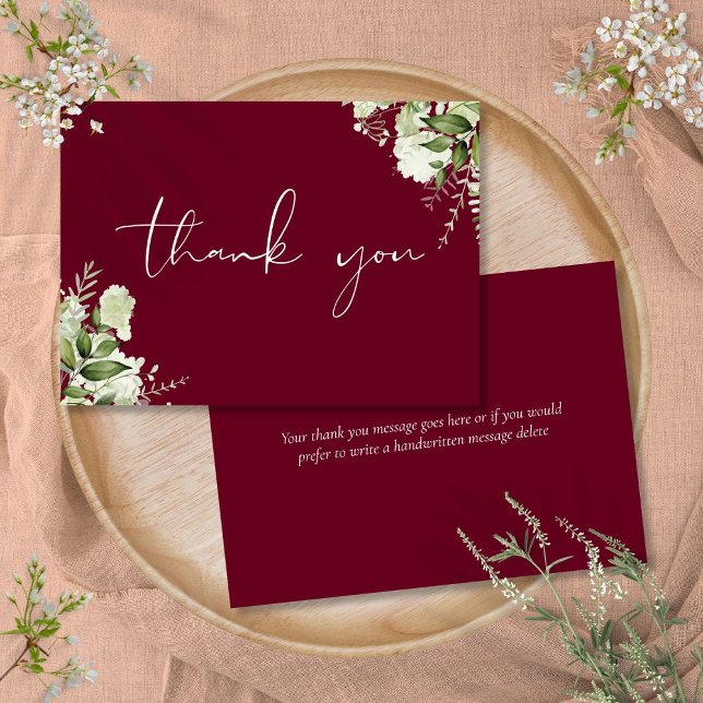 Burgunder Botanisk Grönska Elegant Skrift Tack Kort (Burgundy Botanical Greenery Elegant Script Thank You Card)