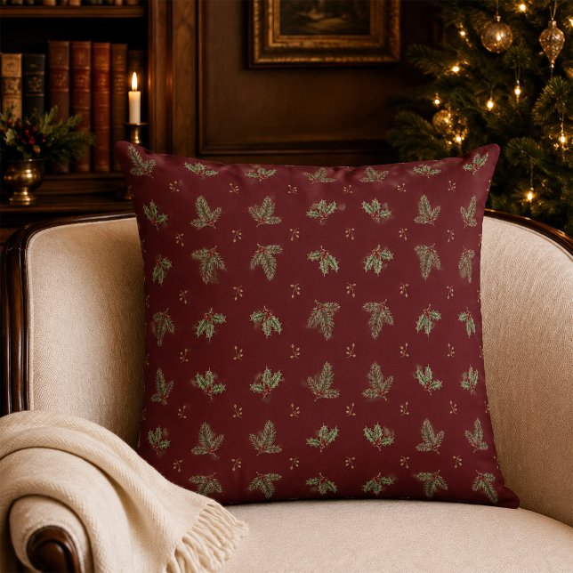 Burgunder Botanisk Jul Kudd Kudde (Burgundy Botanical Christmas Throw Pillow)