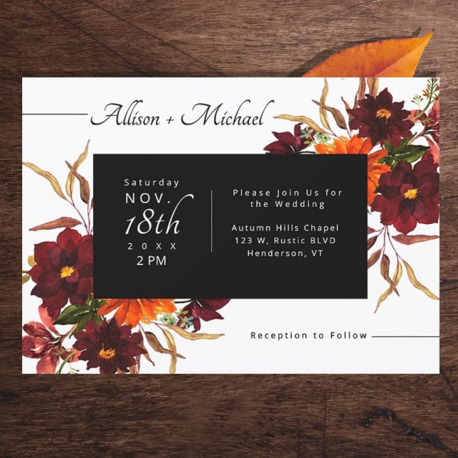Burgunder Bränd Orange Dahlia Höstbröllop Inbjudningar (Burgundy Burnt Orange Dahlia Fall Wedding Invitation)