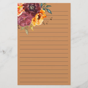 Burgunder Bränt Orange Akvarell Blommig Linjerad Brevpapper