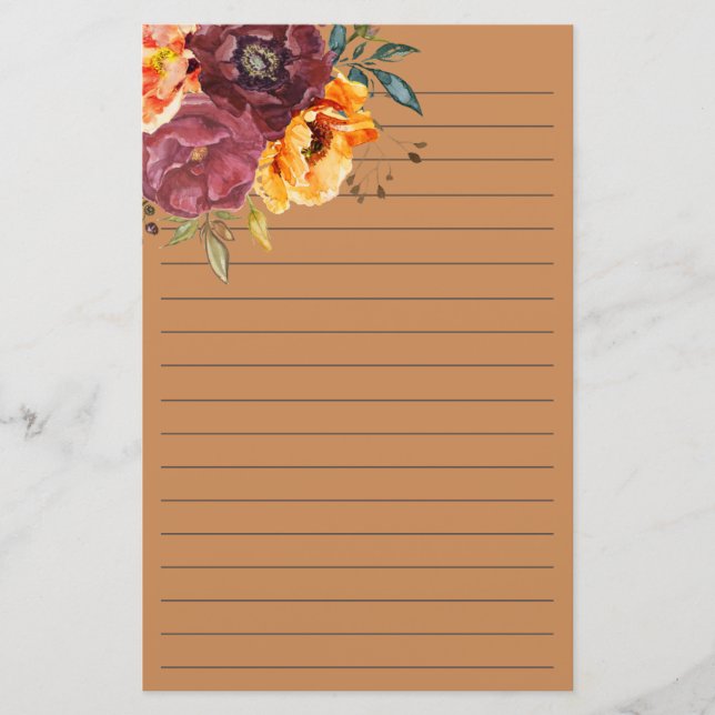 Burgunder Bränt Orange Akvarell Blommig Linjerad   Brevpapper (Framsida)