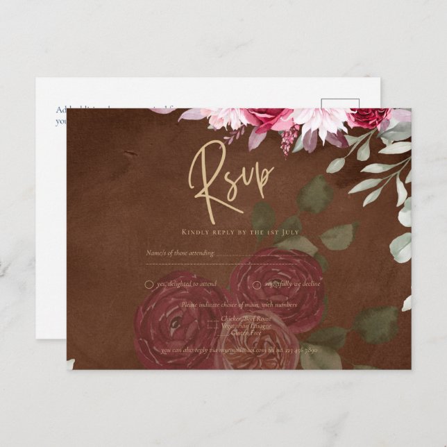 Burgunder Brun Blommig Vinter Höst Bröllopsinbjuda Vykort (Fram/baksida)