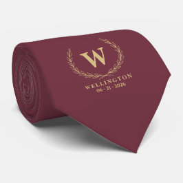 Burgunder Champagne Guld Lagerblad Monogram Bröllo Slips