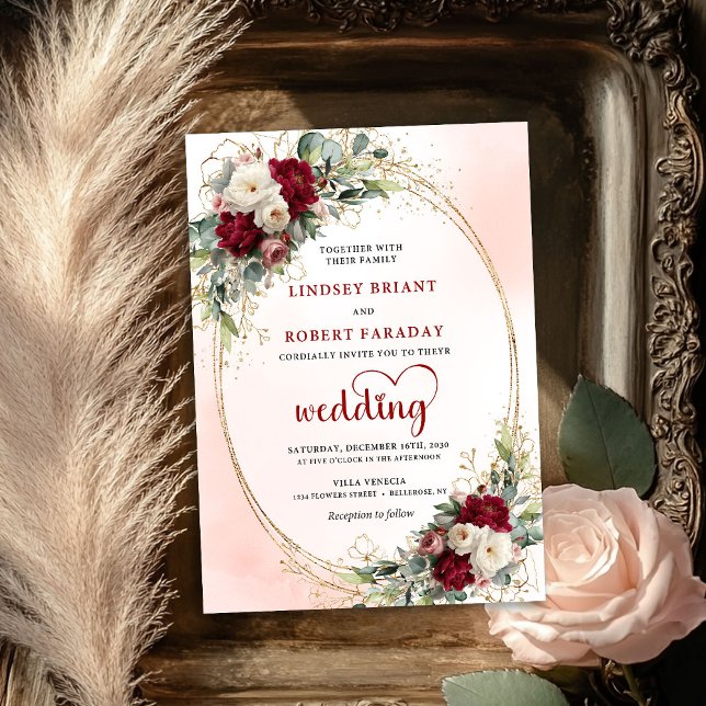 Burgunder Chic Bohemian Blommig Bröllopsinbjudan Inbjudningar (Burgundy Chic Bohemian Floral Wedding Invitation)