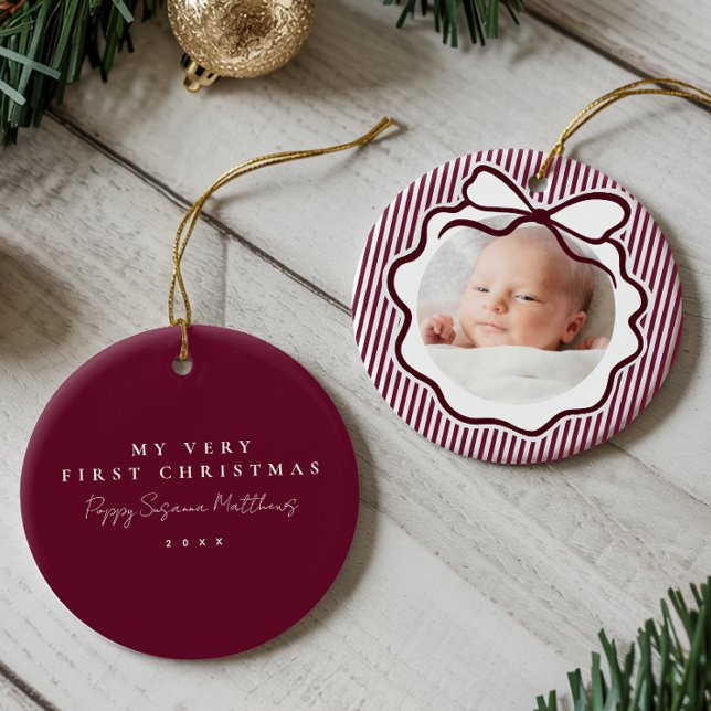 Burgunder Coquette Bow Babys Första Jul Julgransprydnad Keramik (Skapare uppladdad)
