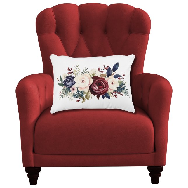 Burgunder Crème Marinblå Blommig Akvarell Sovrum Prydnadskudde (Burgundy Cream Navy Blue Watercolor Floral Lumbar Accent Pillow for Bedroom Living room)