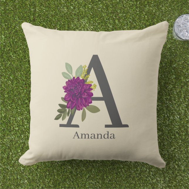 Burgunder Dahlia Blommig Alfabet Bokstav Monogram Kudde (Gräs)