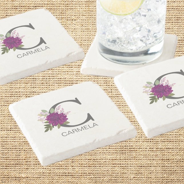 Burgunder Dahlia Blommig Alfabet Bokstav Monogram  Stenunderlägg (Skapare uppladdad)