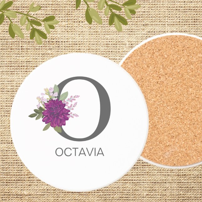 Burgunder Dahlia Blommig Alfabet Bokstav Monogram  Underlägg (Skapare uppladdad)