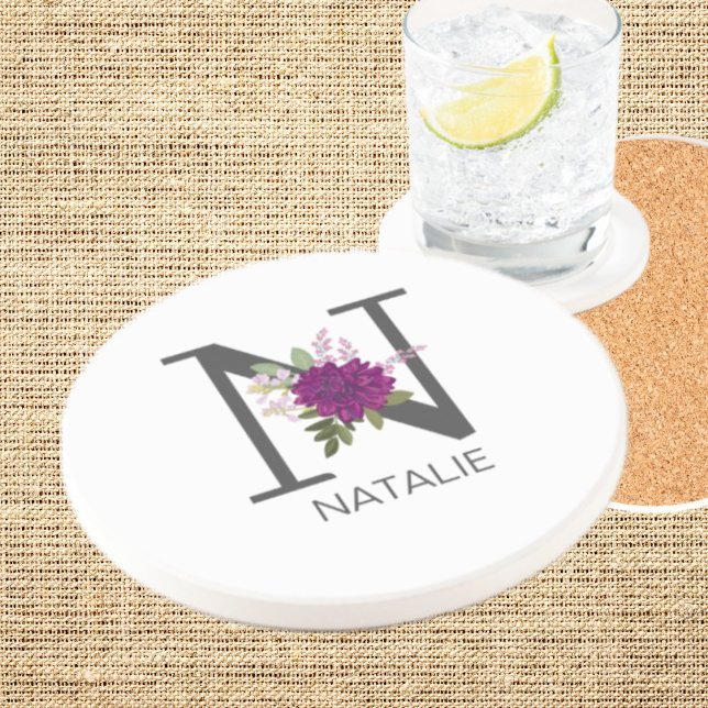 Burgunder Dahlia Blommig Alfabet Bokstav Monogram  Underlägg (Skapare uppladdad)