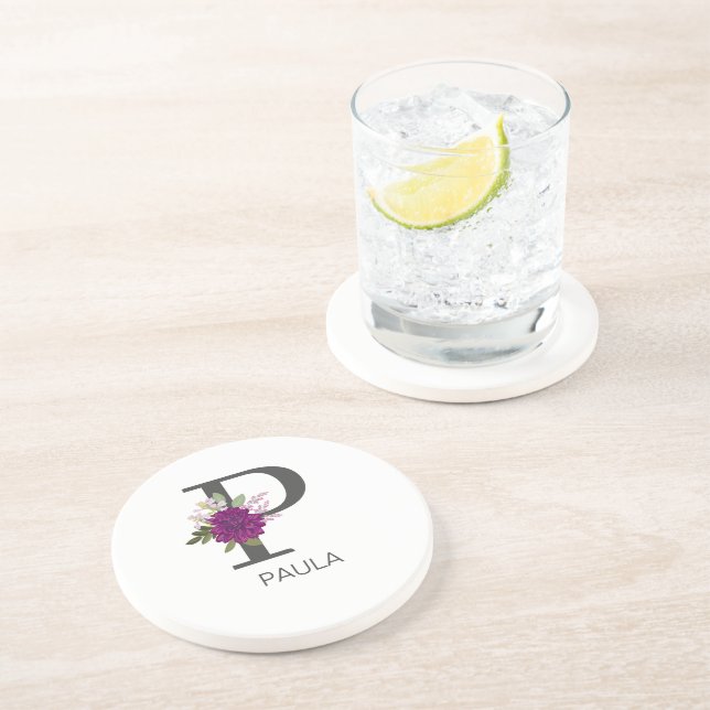 Burgunder Dahlia Blommig Alfabet Bokstav Monogram  Underlägg (Sidan)