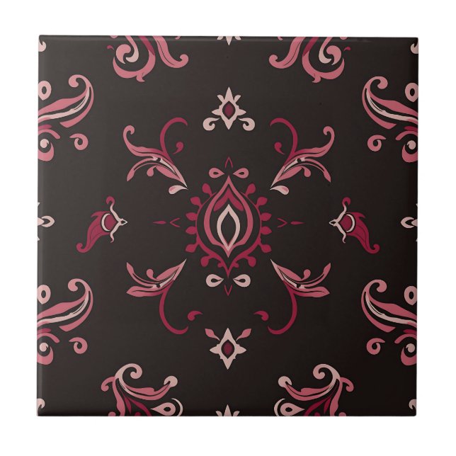 Burgunder Damask Blommig Ornamentmönster Kakelplatta (Framsidan)