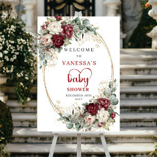Burgunder Djup Röd Blommig Baby Shower Välkommen Poster