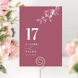 Burgunder Elegant, Minimalistisk Botanisk Bröllop Bordsnummer<br><div class="desc">Välkommen dina gäster till deras bord med detta eleganta vinröda och vita bröllopsbordnummerkort. Stilrent och enkelt formspråk med namn på sidan tillsammans med "och" i modern handskriven kalligrafi. Diskret handritad botanisk grönska i hörndetalj. Vänligen lägg en separat beställning för "varje" bordnummer (d.v.s. för ett evenemang med tre bord måste du...</div>