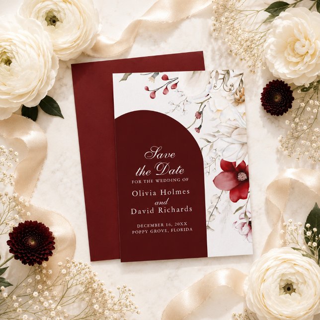 Burgunder Elfenbens Blommig Spara Datum Kort (Burgundy Ivory Floral Save the Date Card)
