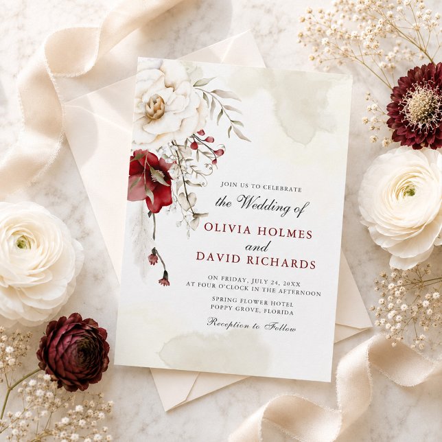 Burgunder Elfenbens Botanisk Bröllopsinbjudan Inbjudningar (Burgundy Ivory Botanical Wedding Invitation)