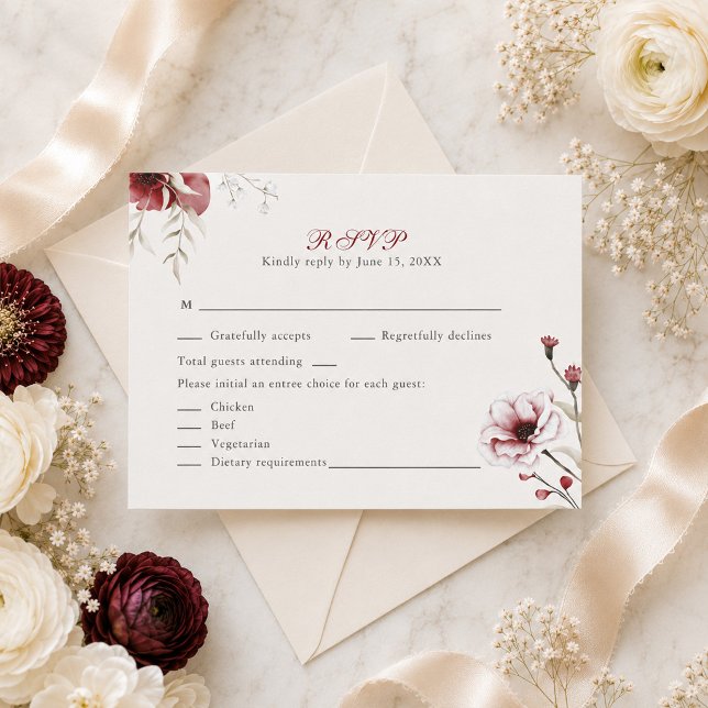 Burgunder Elfenbensblommig Bröllops-RSVP-kort Tack Kort (Burgundy Ivory Floral Wedding RSVP Card)