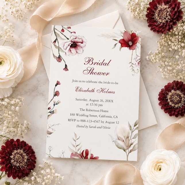 Burgunder Elfenbensblommig Bröllopsfestinladning Inbjudningar (Burgundy Ivory Floral Bridal Shower Invitation)