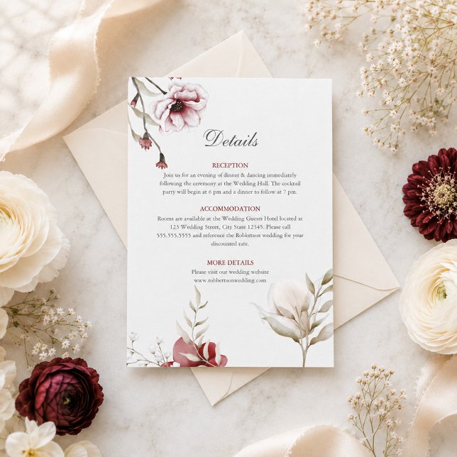 Burgunder Elfenbensblommig Bröllopsinformationskor Inbjudningar (Burgundy Ivory Floral Wedding Details Card)