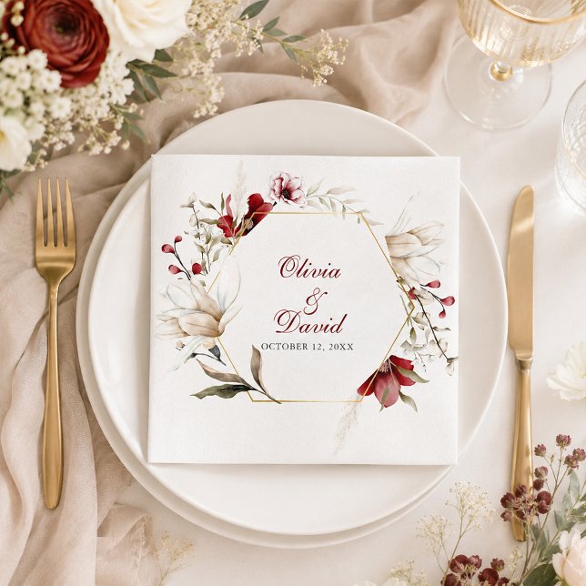 Burgunder Elfenbensblommiga Bröllops Servetter Av  (Burgundy Ivory Floral Wedding Paper Napkins)