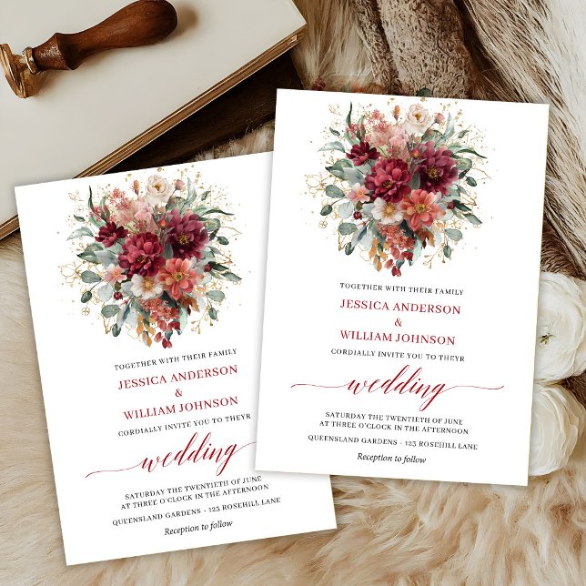 Burgunder Eukalyptus Boho Höst Blommig Bröllopsinb Inbjudningar (Burgundy Eucalyptus Boho Autumn Floral Wedding Invite

)