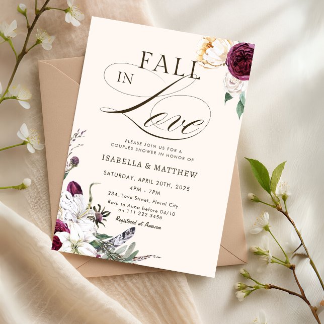 Burgunder Fall in Love Par Wedding Shower Inbjudningar (Burgundy Fall in Love Couples Wedding Shower Invitation)