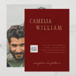 Burgunder Foto Bröllopsinbjudan QR-kod Spara datum Inbjudningar