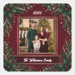 Burgunder Grönska Familjefoto Jul Sticker Fyrkantigt Klistermärke