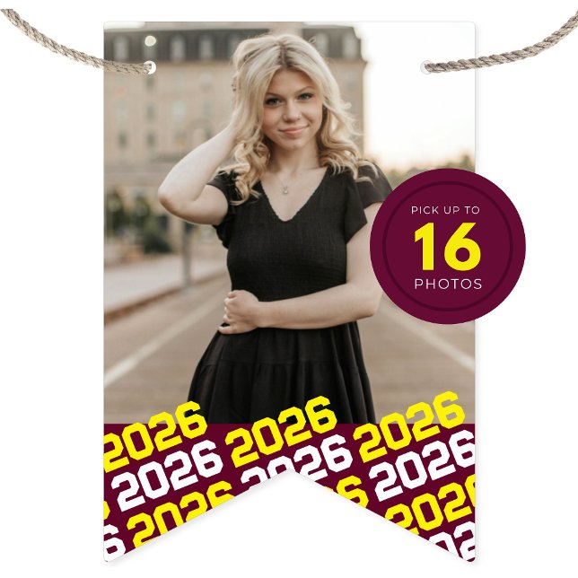 Burgunder Gul 16 Foto Avslutande Hängande Banner Vimplar (Burgundy and Yellow Graduation 16 Photo Hanging Banner. Choose 16 Pictures)
