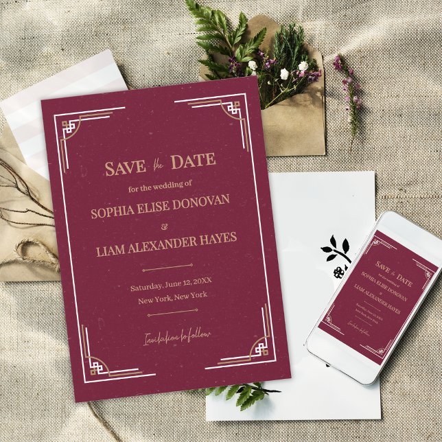 Burgunder Guld Art Deco Black Tie Gatsby Bröllop Spara Datumet (Burgundy Gold Art Deco Save the Date Black Tie Gatsby Wedding Announcement)