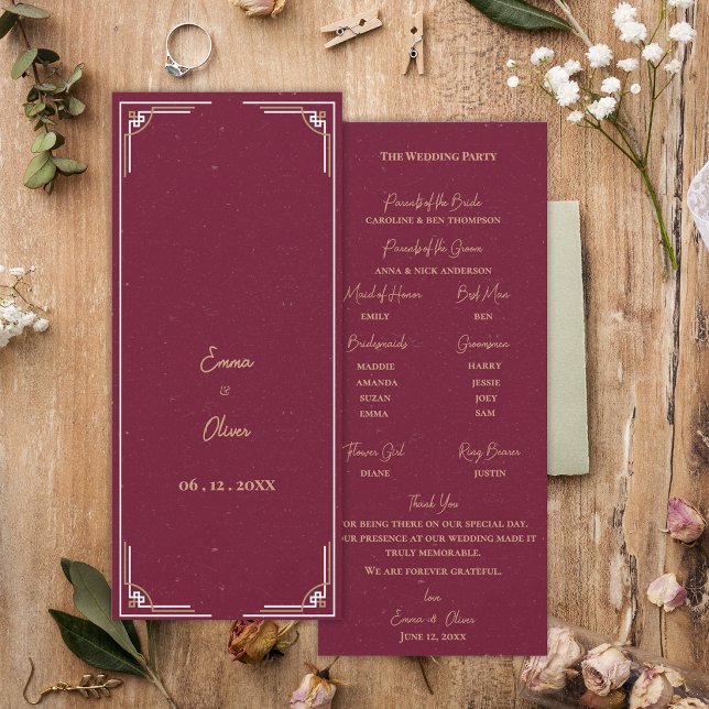 Burgunder Guld Art Deco Bröllopsceremoni Program (Burgundy Gold Art Deco Wedding Program Black Tie Ceremony Program Card)