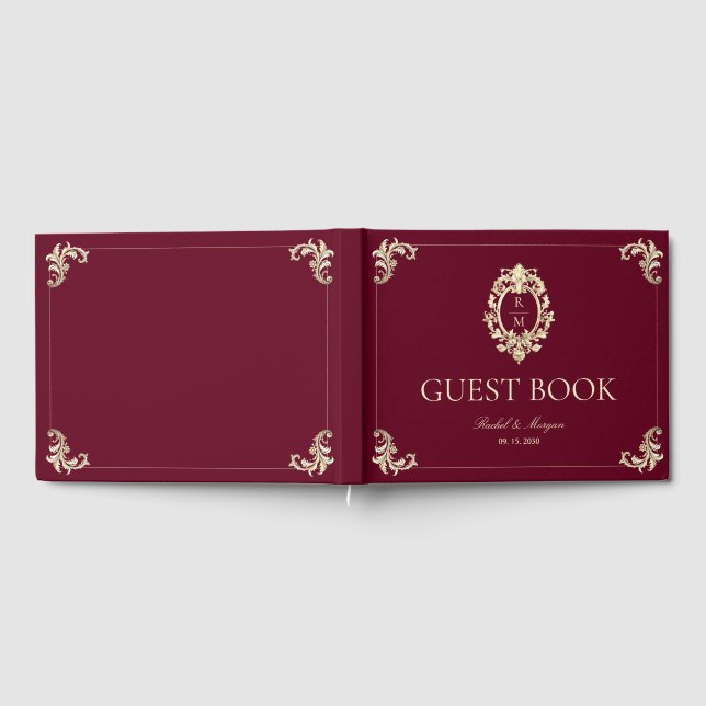 Burgunder Guld Barock Bröllop Gästböcker (Full)