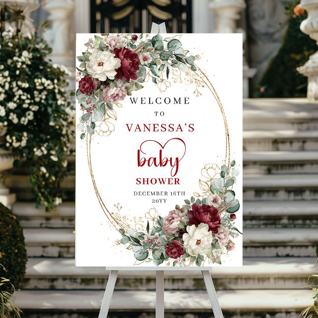 Burgunder Guld Blommig Baby Shower Välkomstskylt Poster (Burgundy Gold Floral Baby Shower Welcome)