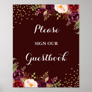 Burgunder Guld Blommig Gästbok Bröllopsskylt Poster