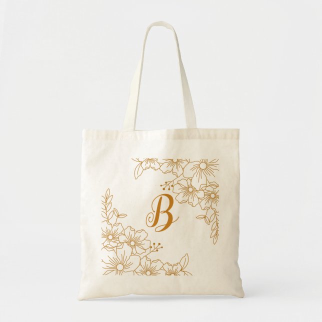 Burgunder Guld Blommig Krans Monogram Initial Tote Tygkasse (Framsidan)