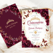 Burgunder Guld Blommig Quinceanera