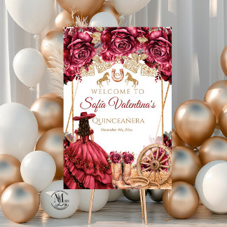 Burgunder Guld Charra Quinceanera Cowboy Stövlar Poster