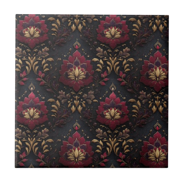 Burgunder Guld Damask Elegans Kakelplatta (Framsidan)