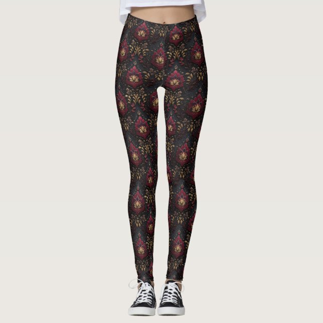 Burgunder Guld Damask Elegans Leggings (Framsida)