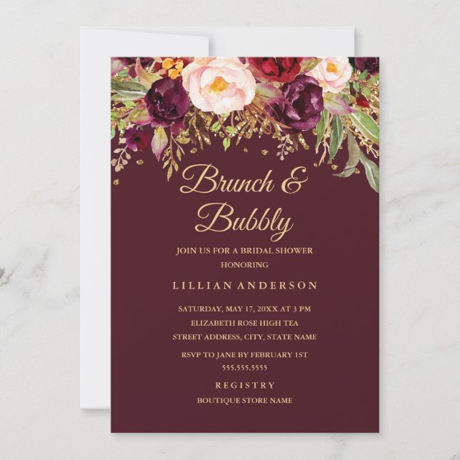 Burgunder Guld Glitter Blommig Brunch Och Bubbly Inbjudningar (Framsida)