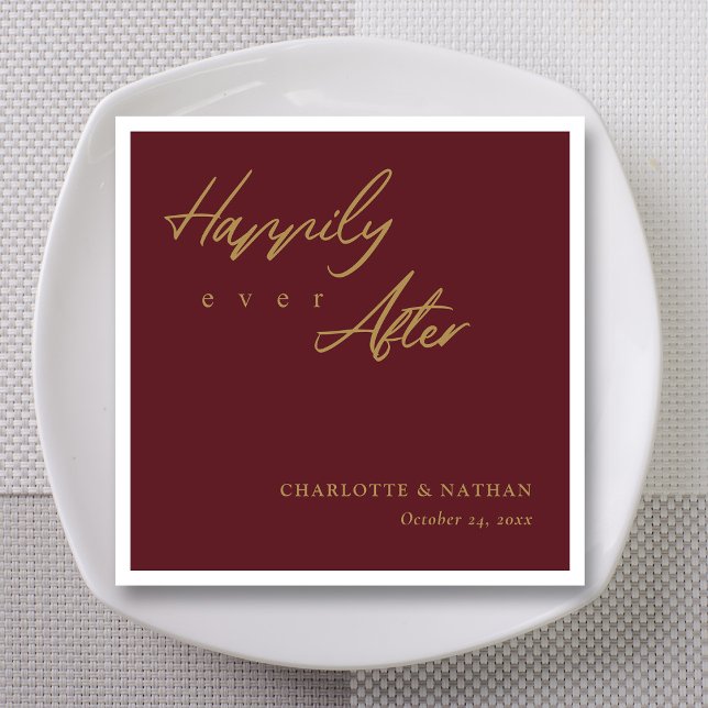 Burgunder Guld Höst Bröllop Pappersservett (Gold script "Happily Ever After" wedding napkins on burgundy background, custom personalization)