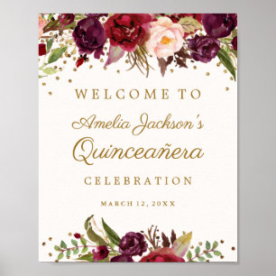 Burgunder Guld Konfetti Blommig Quinceanera Skylt