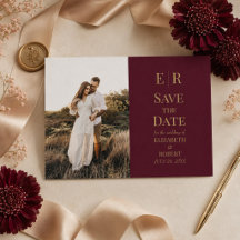 Burgunder Guld Monogram Foto Save the Date-kort