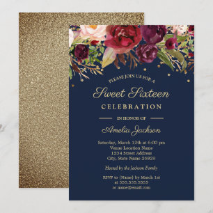 Burgunder Guld Navy Blommig Akvarell Sweet Sixteen Inbjudningar