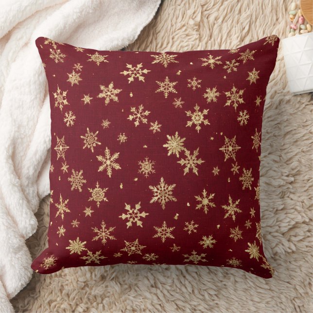 Burgunder Guld Snöflinga, Elegent Jul Vinter Kudde (Filt)