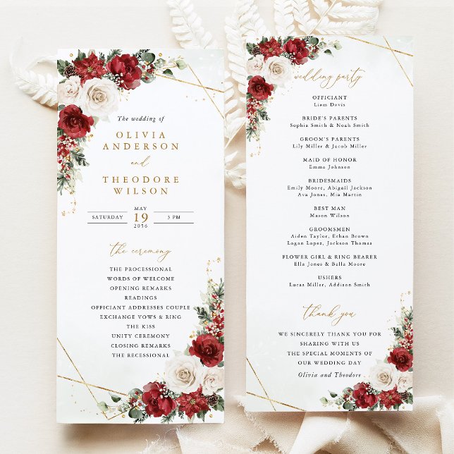 Burgunder Guld Vinter Blommig Bröllopsceremoni Program (Wedding Program Burgundy gold Winter Floral Ceremony Program Red Rose Poinsettia geometric card)