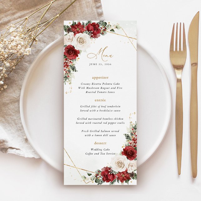 Burgunder Guld Vinter Blommig Bröllopsmottagning Meny (Burgundy Gold Winter Floral Wedding Menu Card, Christmas Holiday Elegant Geometric Reception Menu)